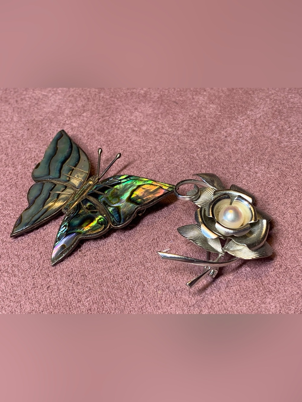 Vintage Sterling Silver Iridescent Abalone Shell Butterfly Pin with Hallmarks.